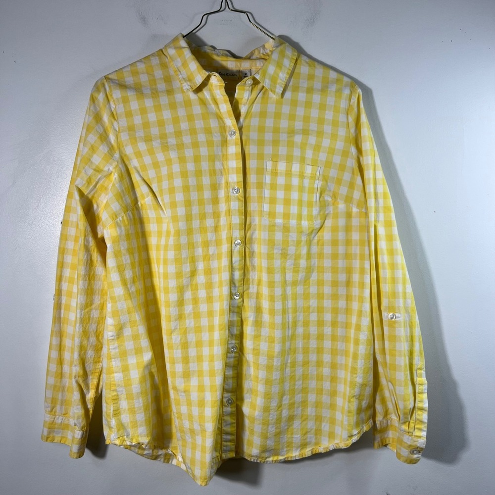 Kim Rogers Gingham Button Shirt Yellow White XL Cotton Long‎ Sleeve